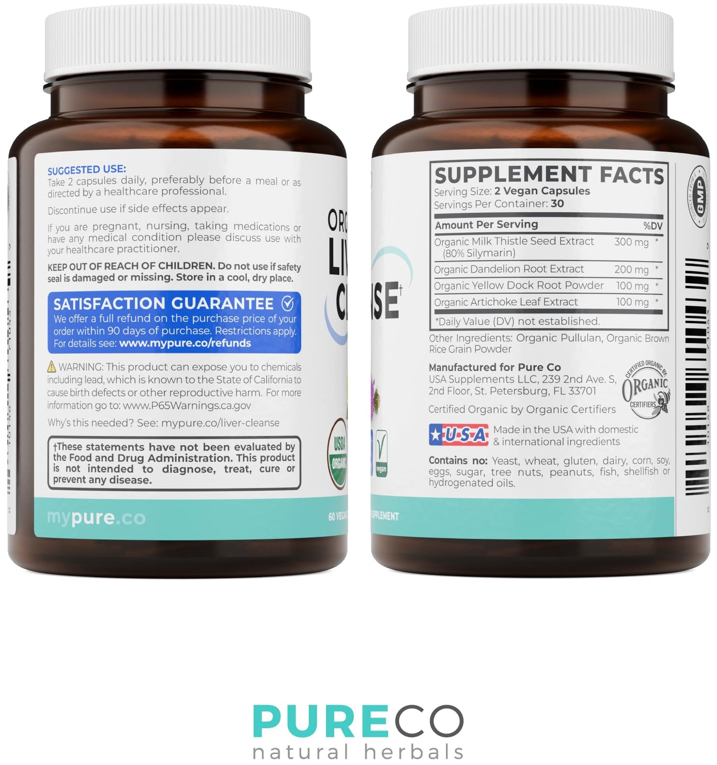 PURE CO Milk Thistle and Dandelion Root Silymarin Liver Detox Formula with Artichoke Extract Capsules, 60 Count