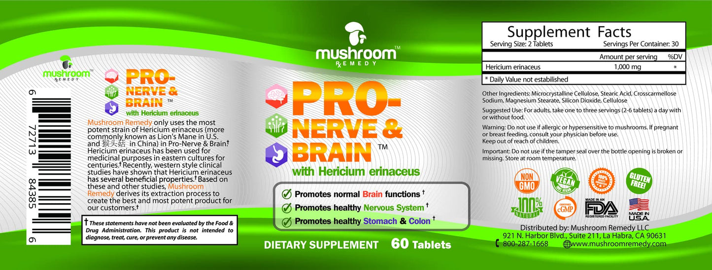 Mushroom Remedy PRO-Nerve & Brain Lion’s Mane Mushroom Extract, 60 Tablets