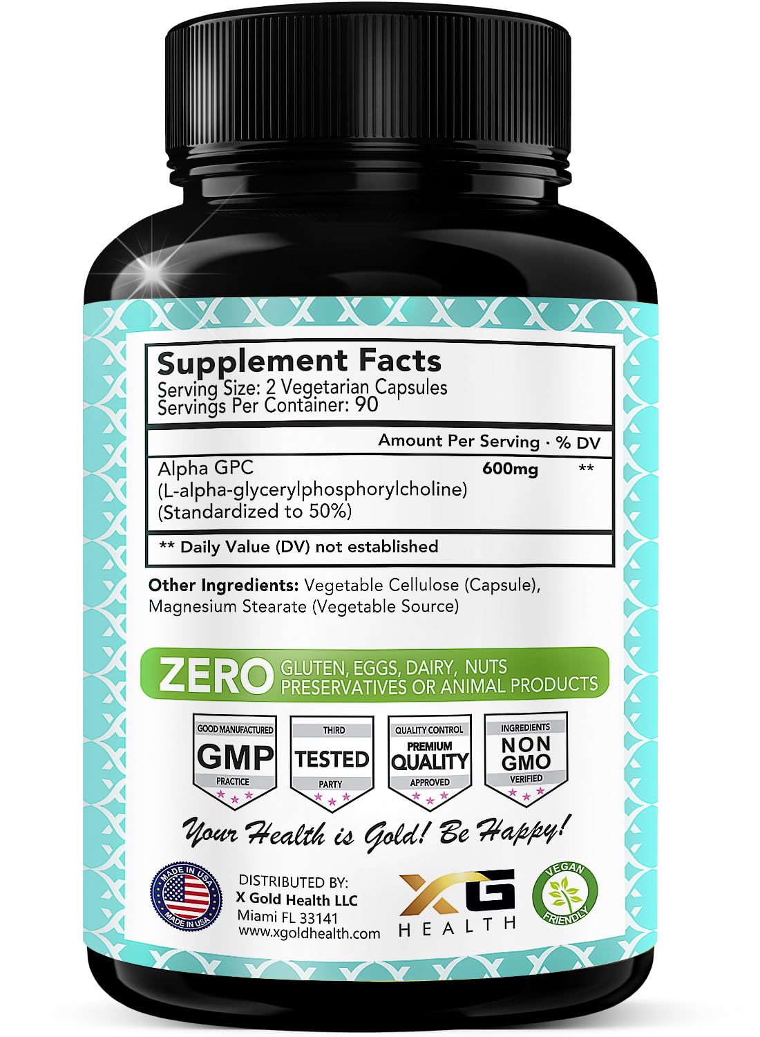 X Gold Health Alpha GPC Choline Supplement 600mg Capsules, 180 Count