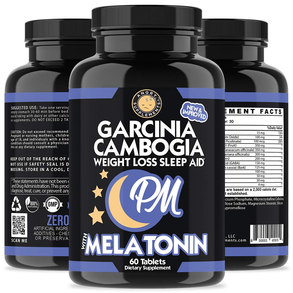 Angry Supplements Garcinia Cambogia PM Weight Loss Sleep Support with Valerian Root & Melatonin, Tablet, 60 Count