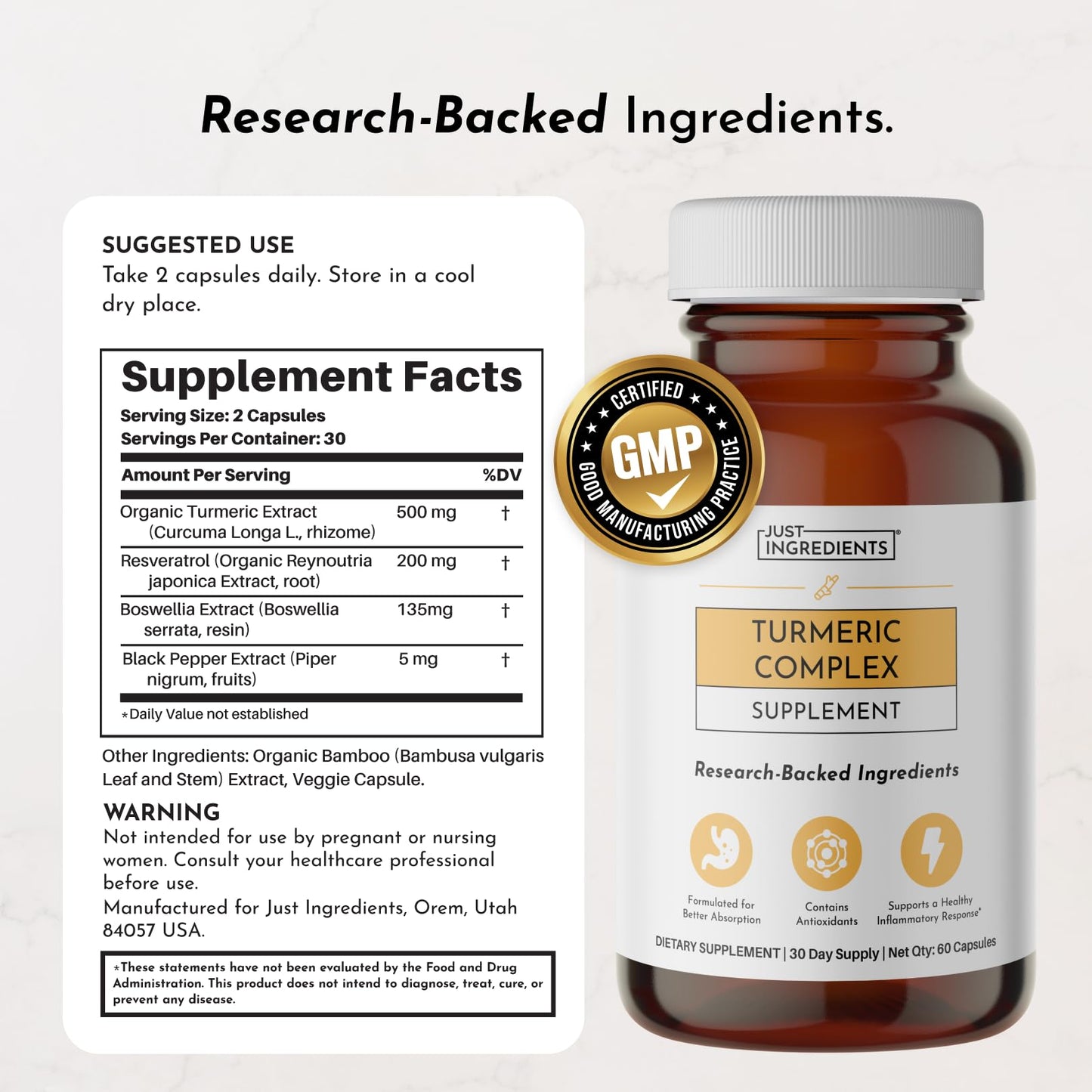 JUST INGREDIENTS Turmeric Complex - Resveratrol & Boswellia Capsules, 60