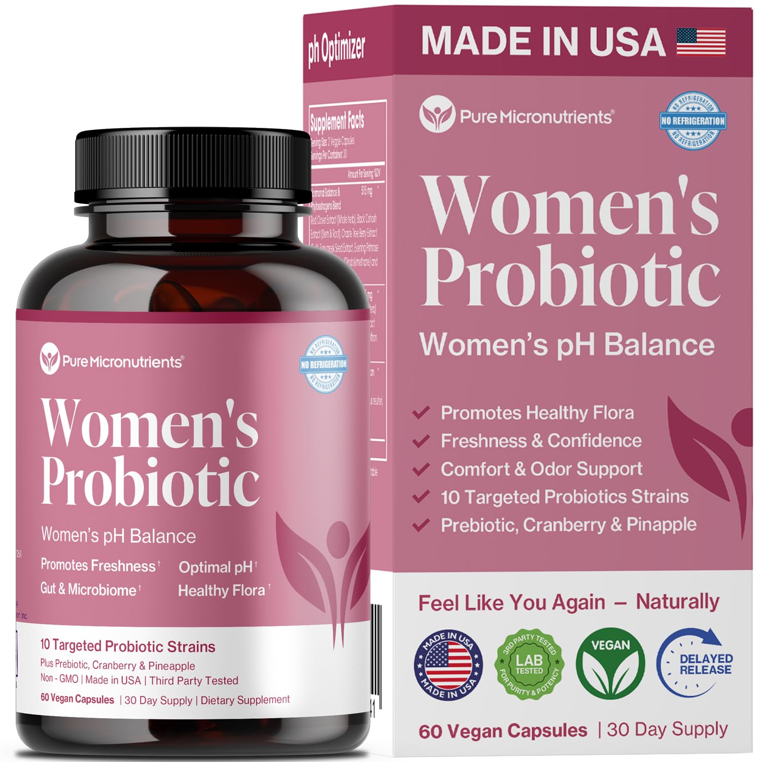 Pure Micronutrients pH Balance Vaginal Probiotics for Women - Odor & Itch Support - Vaginal Health Pills with Cranberry, Lactobacillus & Prebiotics - Feminine Wellness Daily Supplement, 60 Capsules