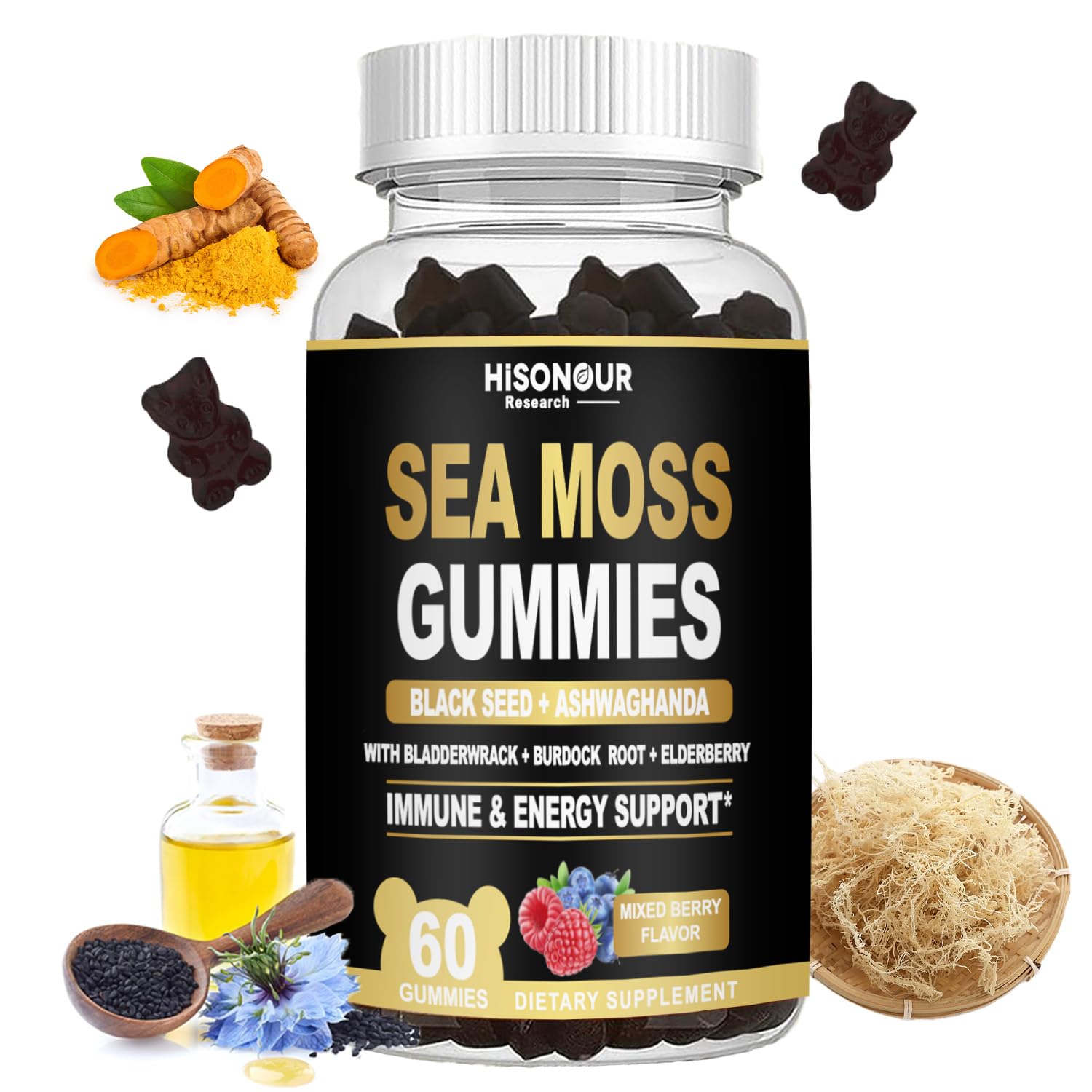 Hisonour Research Sea Moss Gummies with Black Seed Oil, Ashwagandha, Ginger, Irish Sea Moss, Mixed Berry Flavor, Vegan, 60 Gummies