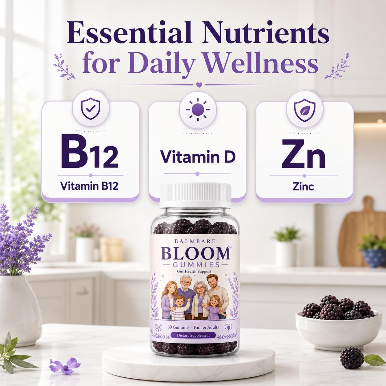 GBQMGS BALMBARE Bloom Gummies with Elderberry & Probiotics, Promote Gut Acid-Base Balance, Support Gut Health, Berry Flavor, Non-GMO, Gluten Free 60 Gummies
