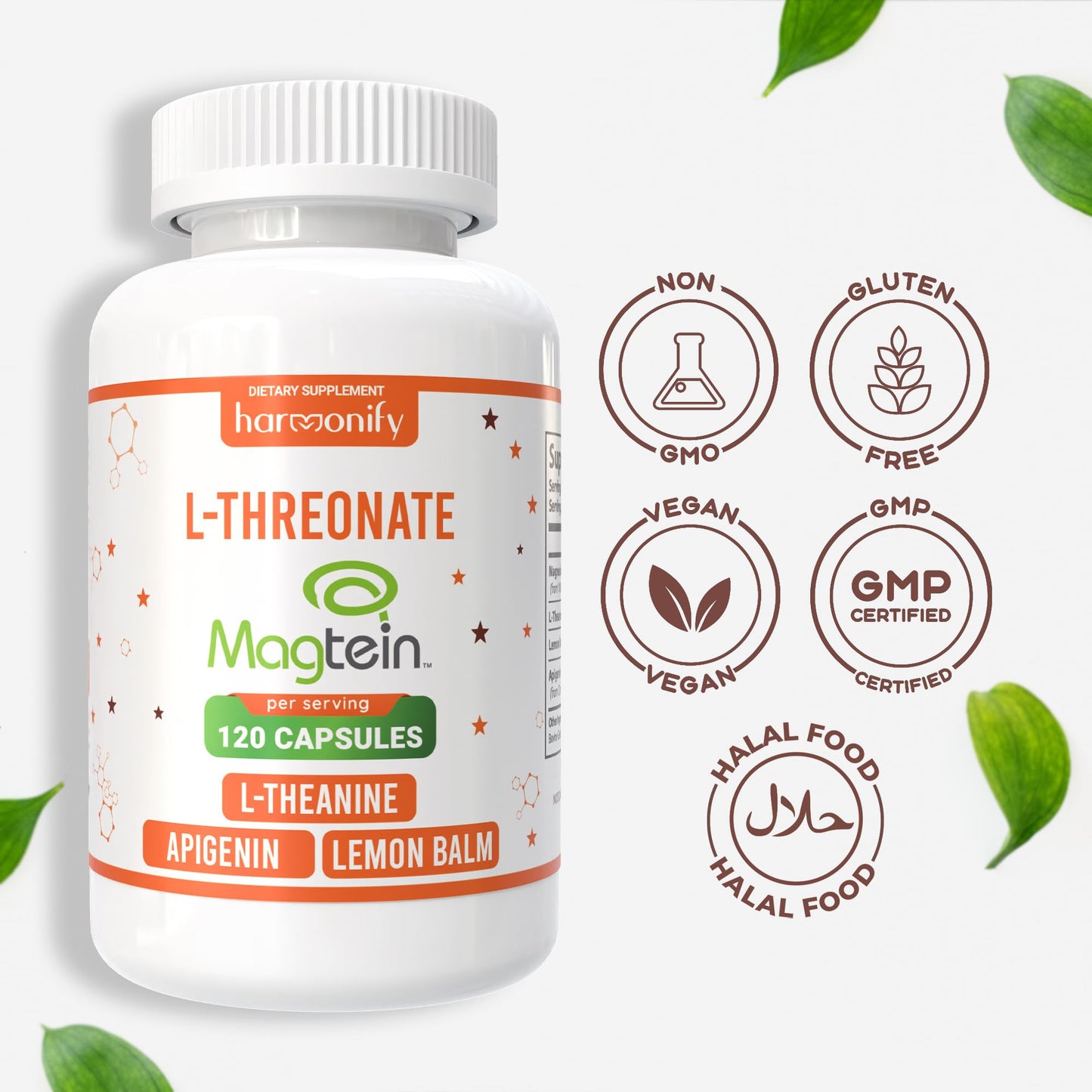 HARMONIFY Magtein Magnesium L-Threonate Supplement with L-Theanine, Lemon Balm and Apigenin, Capsule, 120 Count