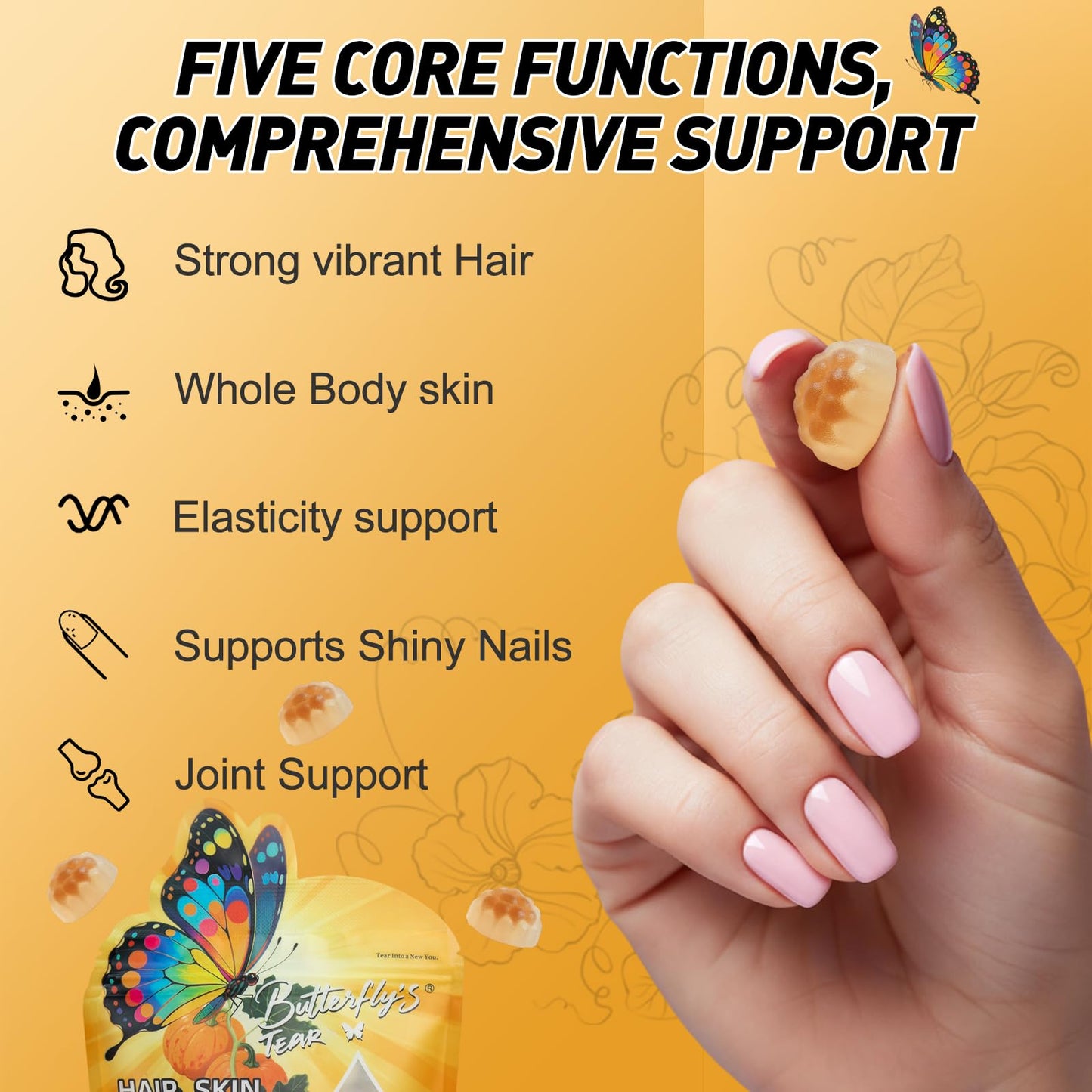BUTTERFLY'S TEAR Hair Skin & Nails Gummies with Biotin 10000 mcg Collagen Complex, Supports Healthy Hair and Hair Growth, Healthy Skin, Stronger Nails 120 Count