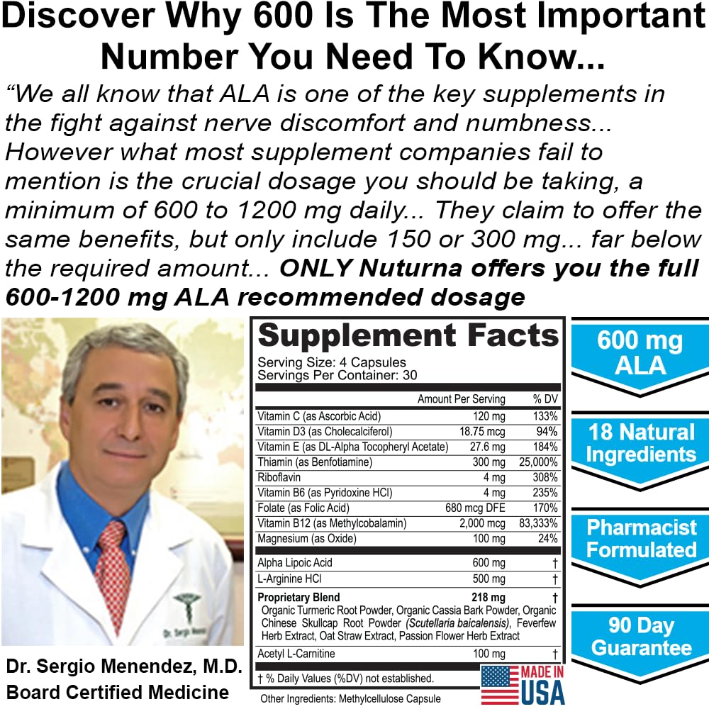 Nuturna Neuropathy Nerve Support Supplement with 600 mg Pure Alpha Lipoic Acid, Maximum Strength Capsule, 120 Capsules
