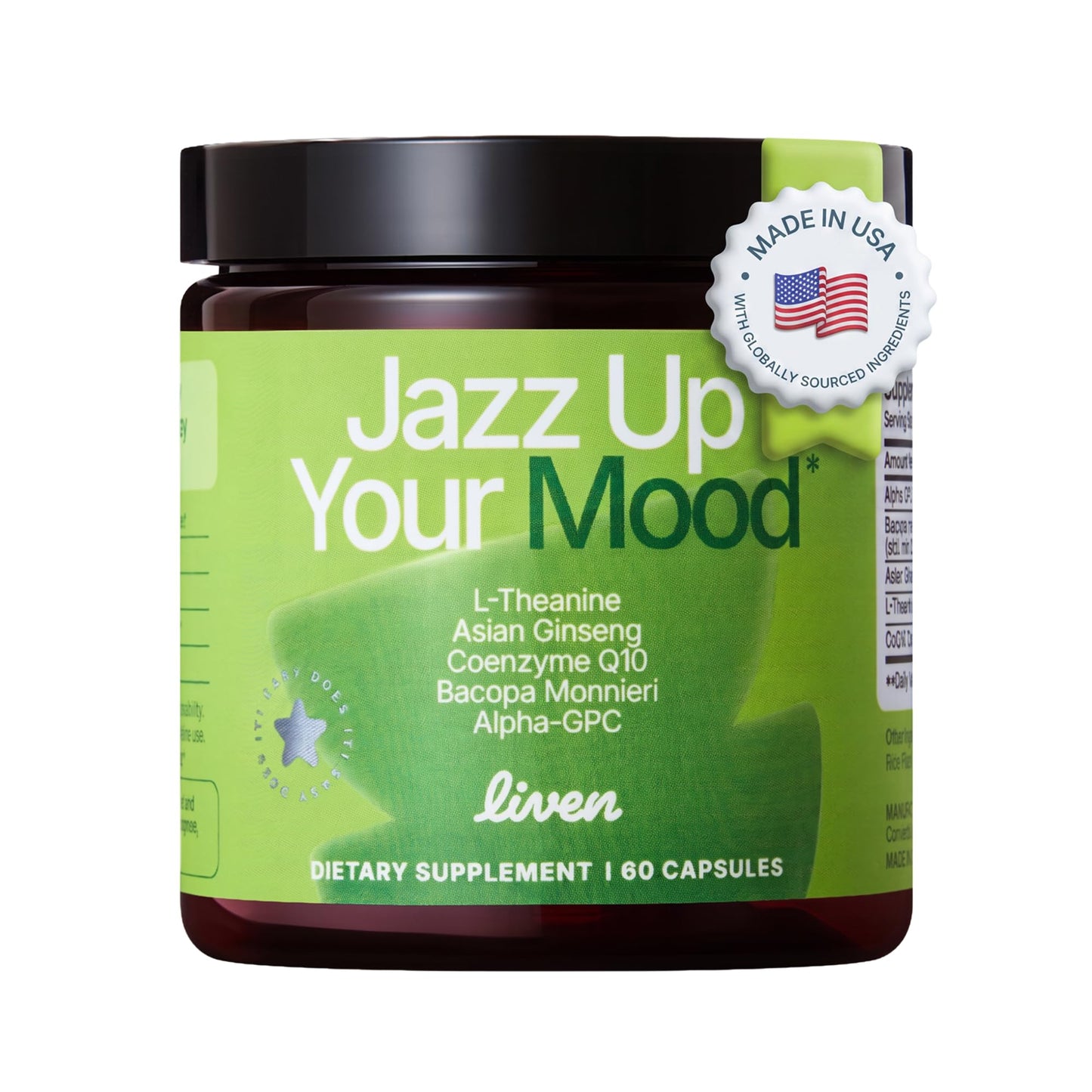 LIVEN SUPPLEMENTS Jazz Up Your Mood L-Theanine Asian Ginseng CoQ10 Bacopa Alpha-GPC Daily Focus & Clarity Support Capsule, 60 Count