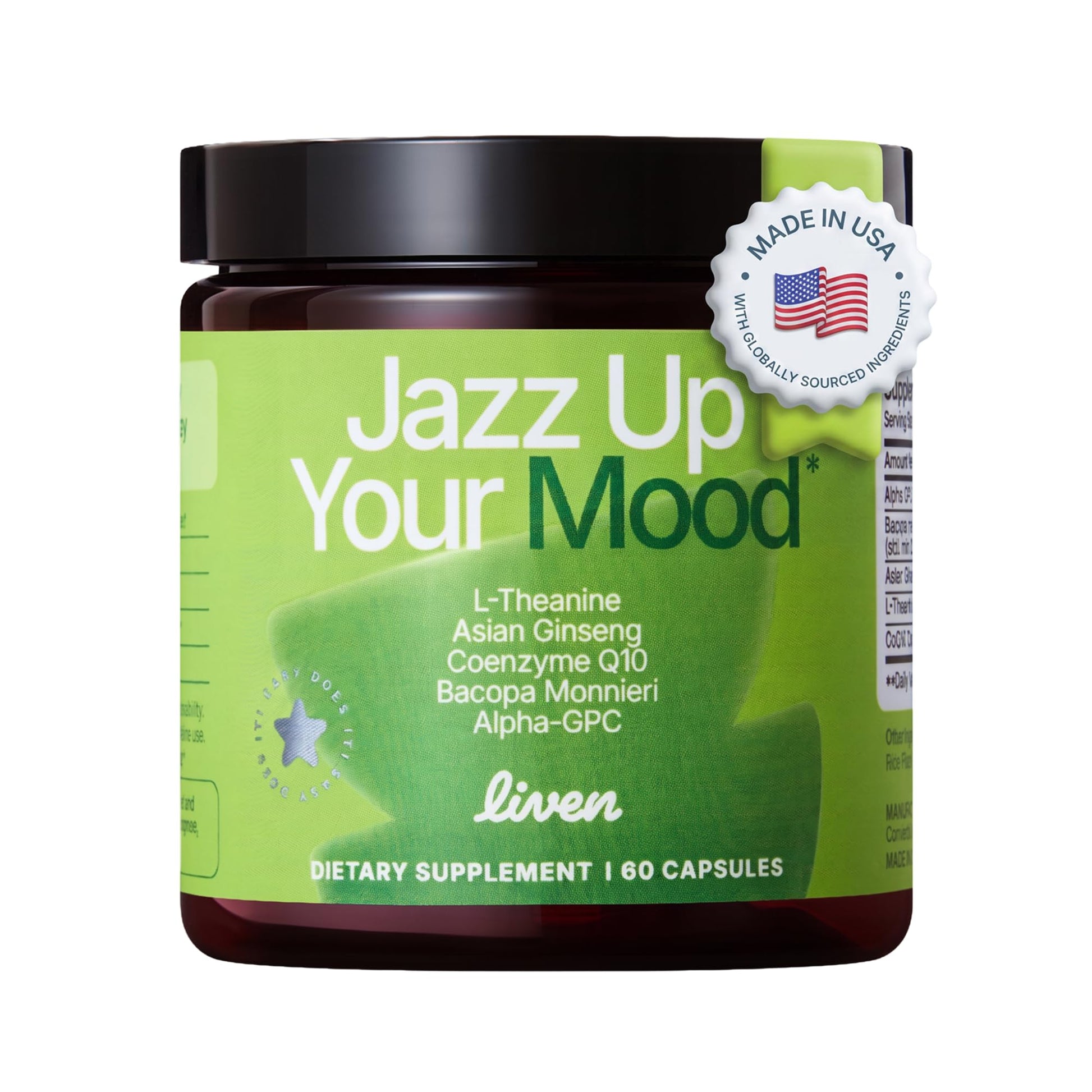 LIVEN SUPPLEMENTS Jazz Up Your Mood L-Theanine Asian Ginseng CoQ10 Bacopa Alpha-GPC Daily Focus & Clarity Support Capsule, 60 Count