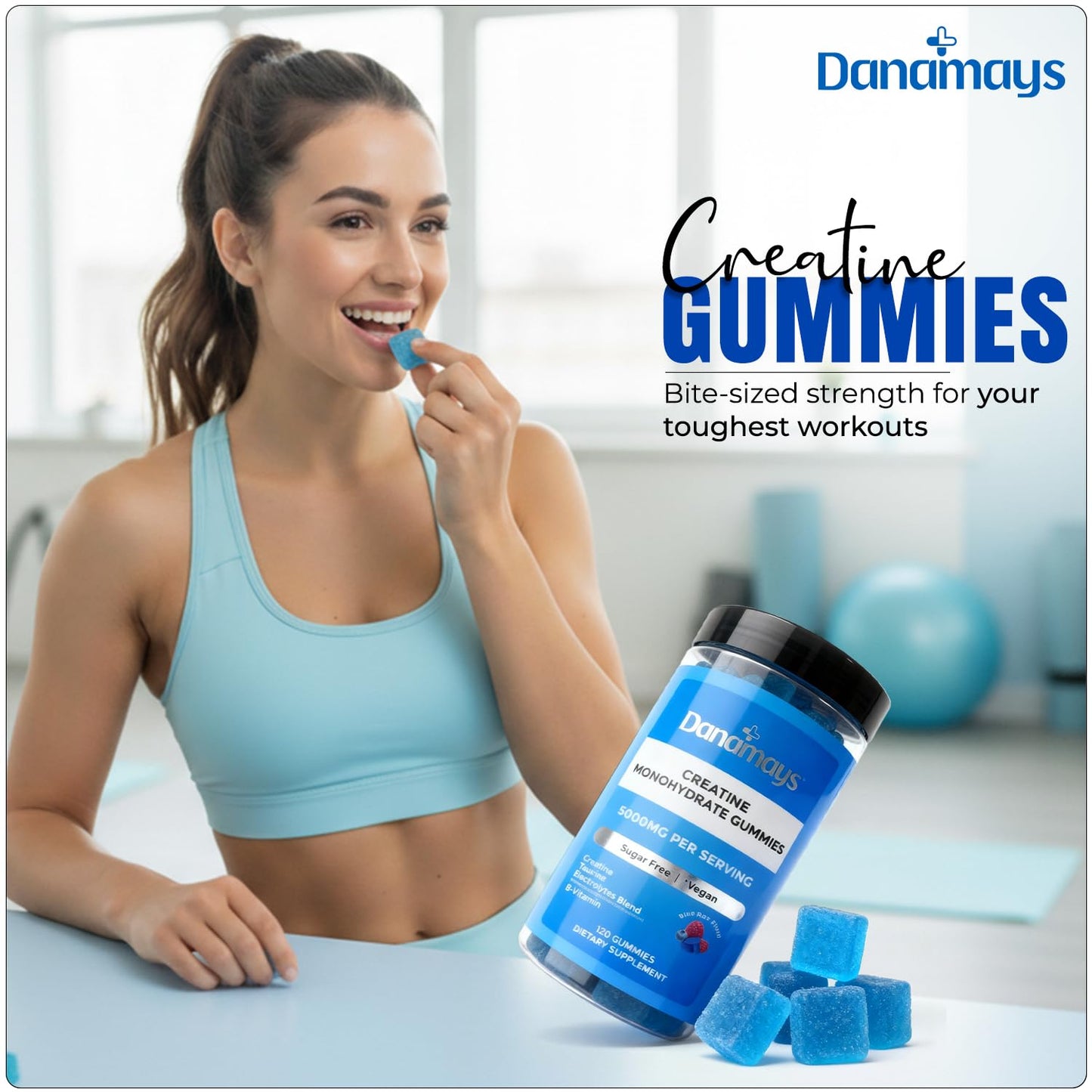 Danamays Creatine Monohydrate 5g with Taurine & Mg/K/Na Electrolytes – Sugar Free Pre Workout Energy, Muscle Strength & Recovery Gummy, 120 Count