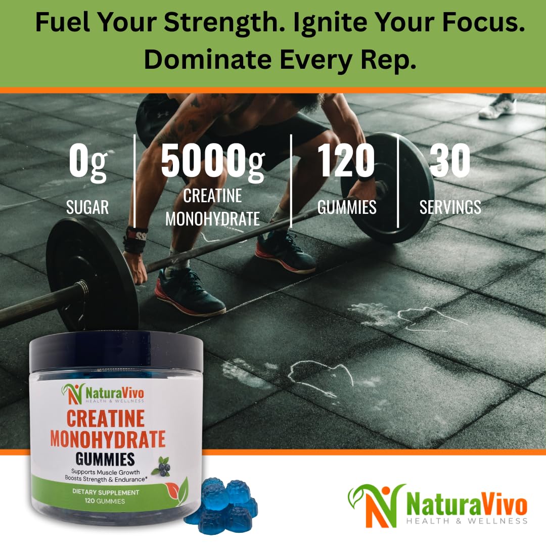 NaturaVivo Health & Wellness Creatine Monohydrate Gummies 5000mg, 120 Count