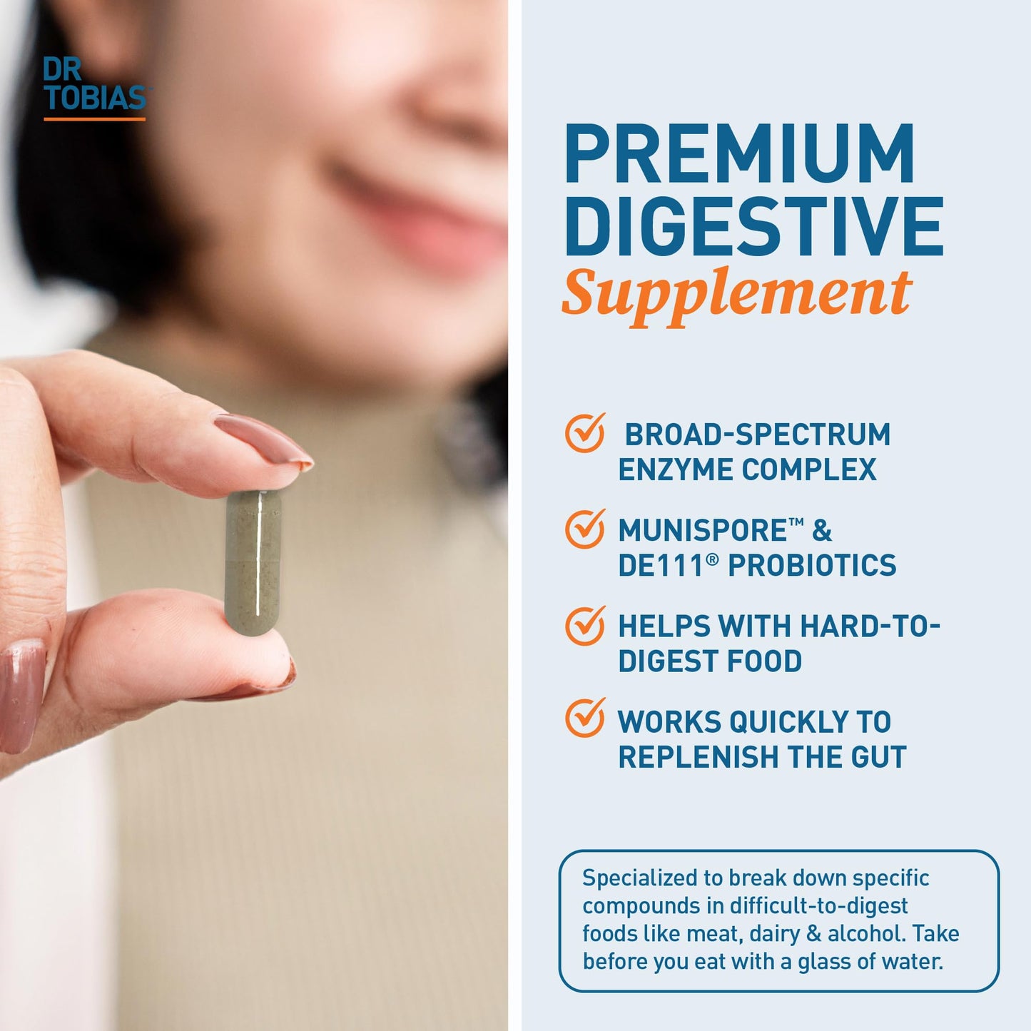 Dr. Tobias Digestive Enzymes with Probiotics, Prebiotics and Postbiotics Bromelain, Amylase, Lipase 60 Capsules