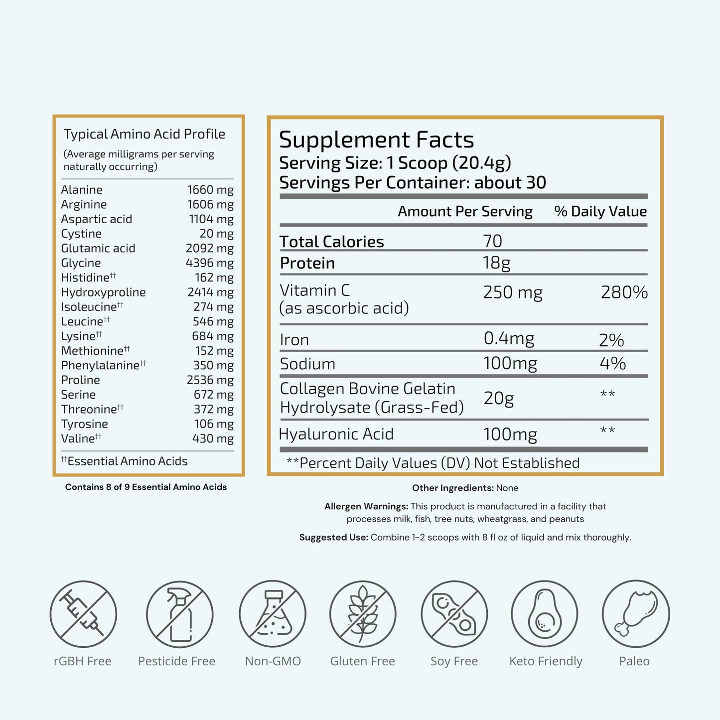 VTC Grass-Fed Collagen Peptides Powder 21.6 oz Type I & III, Hyaluronic Acid & Vitamin C, Healthy Hair, Skin & Joints, Non-GMO, Paleo, Keto