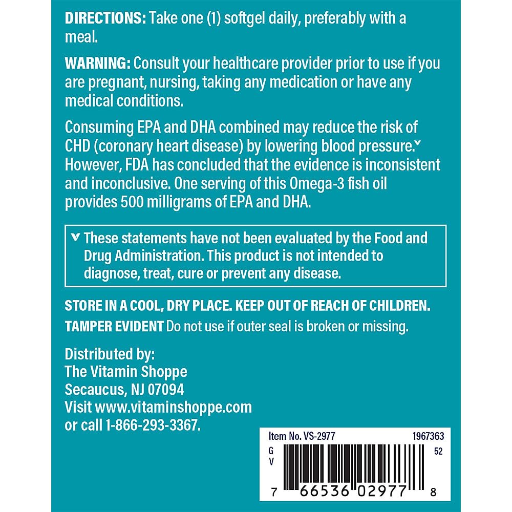 The Vitamin Shoppe Omega 3 Fish Oil 1000 mg Softgels, 240 Softgels