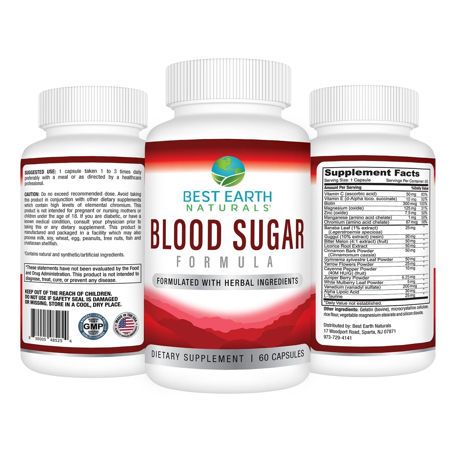 Best Earth Naturals Blood Sugar Formula with Cinnamon, Gymnema Sylvestre, Banaba, Guggul and More Capsules, 60 Capsules