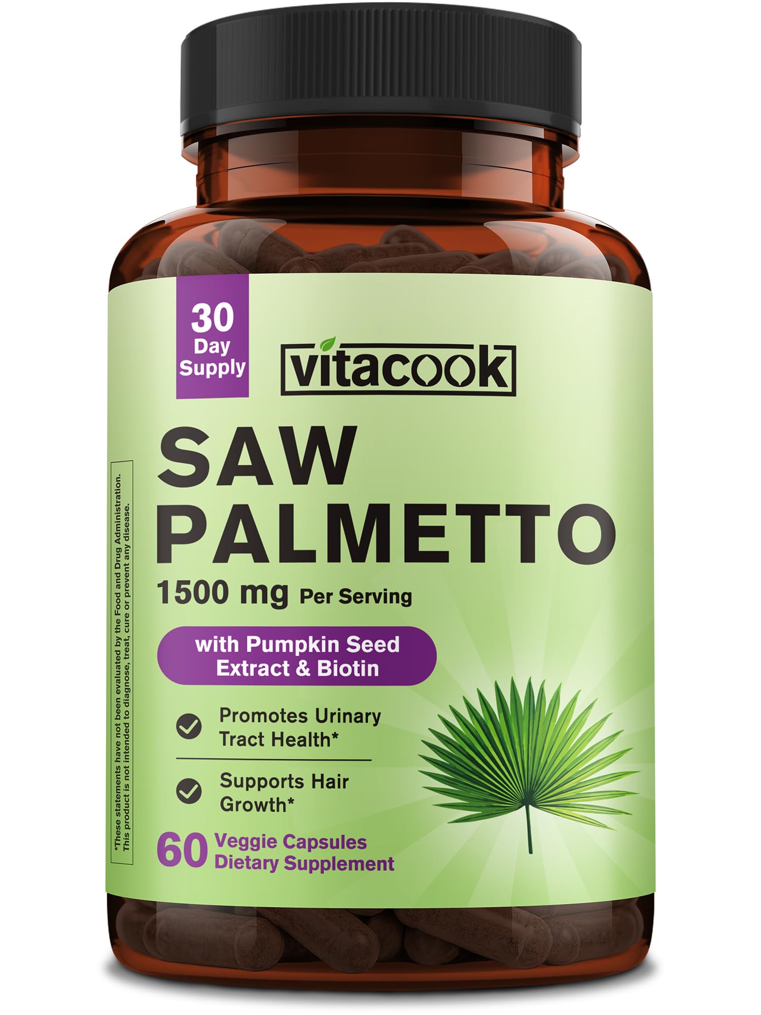Vitacook Saw Palmetto Supplement for Men and Women 1500mg, with Pumpkin Seed Extract and Biotin, Urinary Tract Function, Hair, Skin, and Nail Health, 60 Vegetarian Capsules