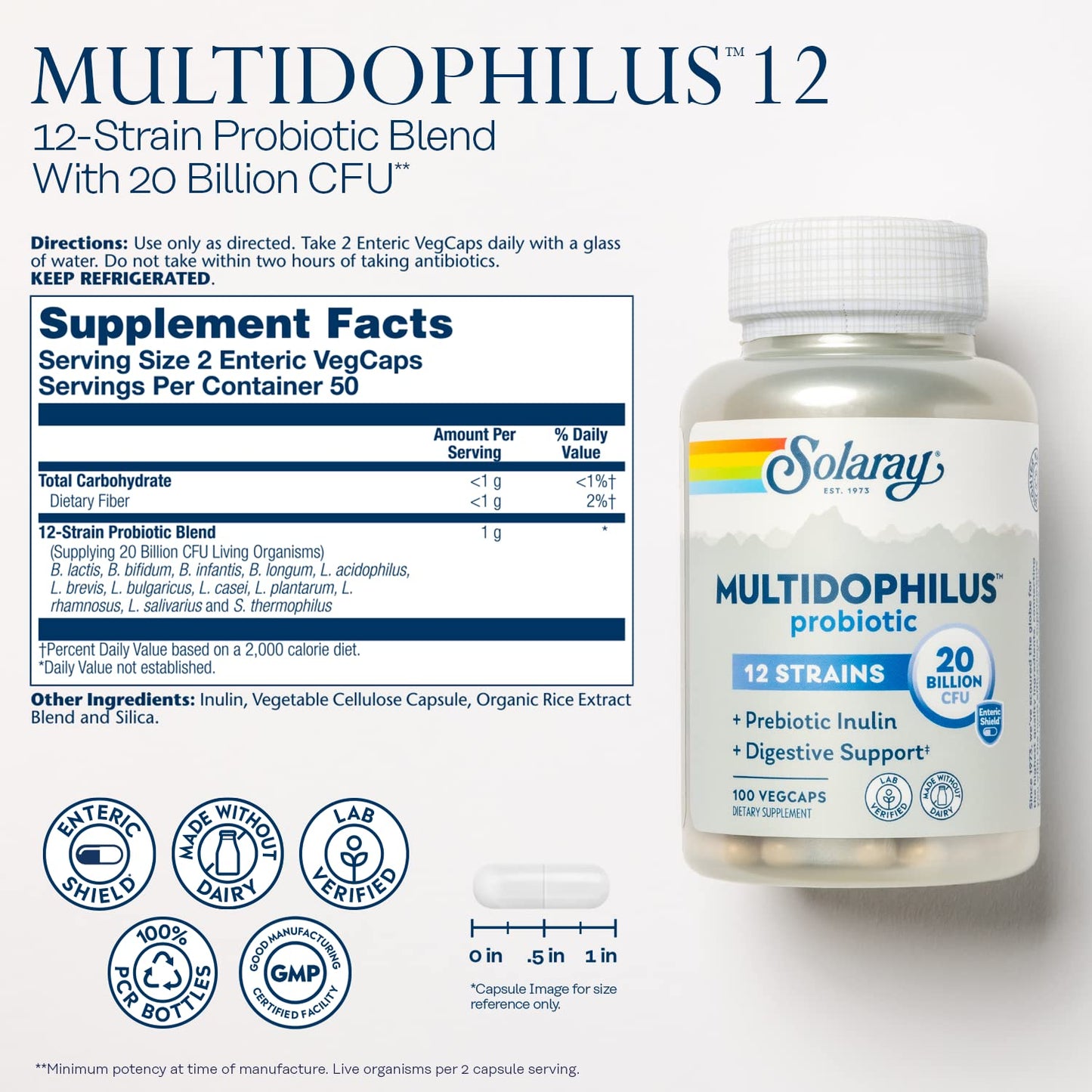 SOLARAY Multidophilus 12 Strain Probiotic 20 Billion CFU Capsule, 100 VegCaps