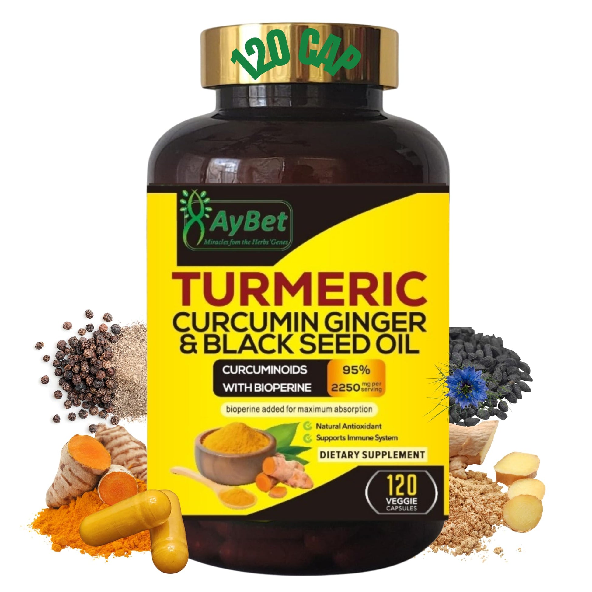 AyBet Turmeric Curcumin Ginger and Black Seed Oil Capsule 120 Count