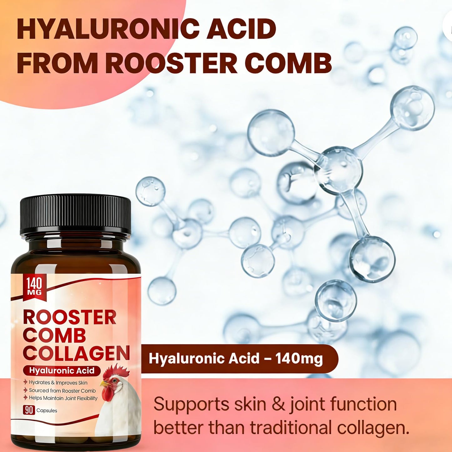 Aevezom Rooster Comb Collagen & Hyaluronic Acid Supplement, Rooster Comb Extract 140 mg, 90 Capsules
