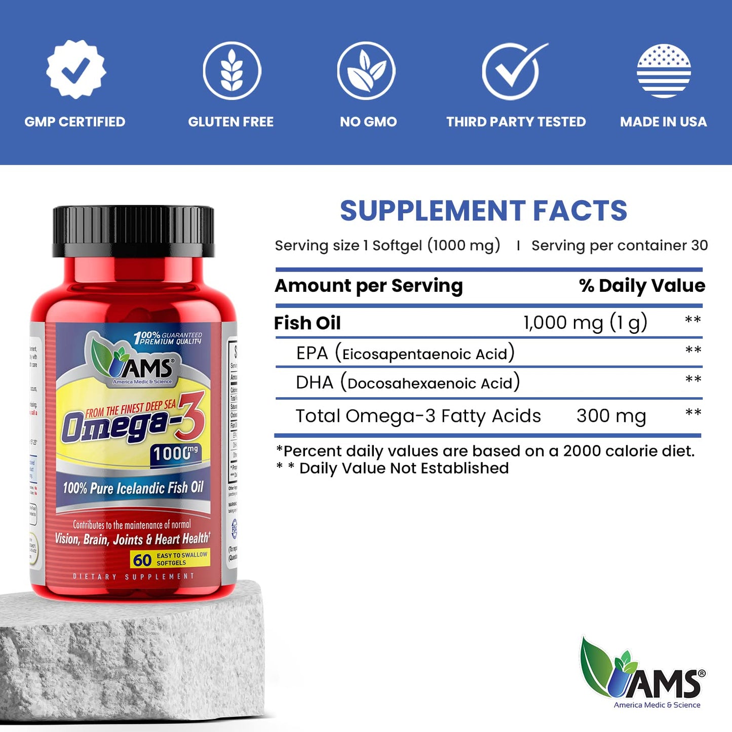 America Medic & Science Omega-3 1000mg Softgels 60 Count