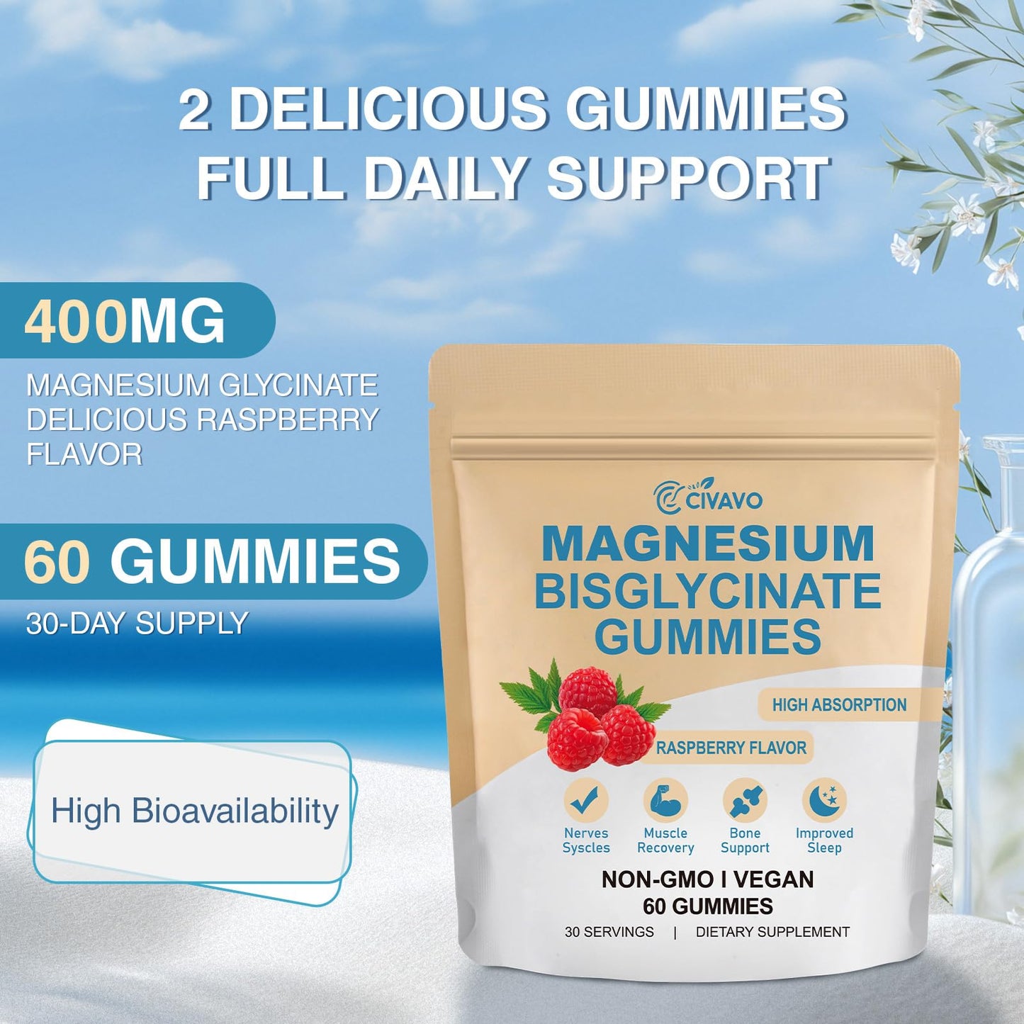 Civavo Magnesium Bisglycinate Gummies 400mg, 60 Count