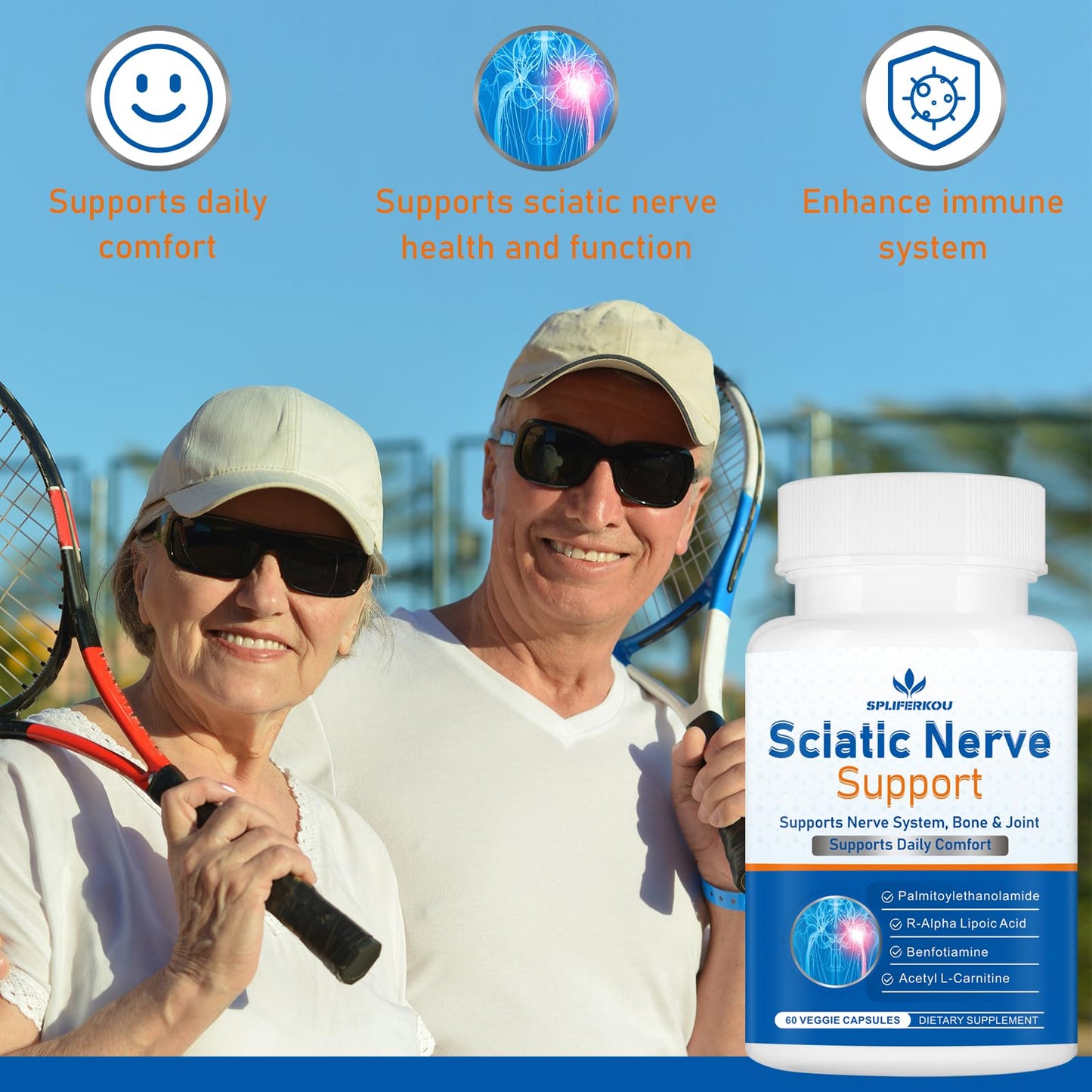 Spliferkou Sciatic Nerve Support Supplement, Advanced Sciatic Nerve Support Formula with Pea, Alpha Lipoic Acid, Benfotiamine Capsules, 60 Count