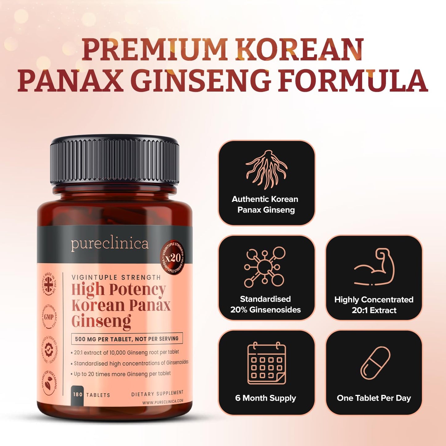 Pureclinica High Potency Korean Panax Ginseng 10,000mg x 180 Tablets