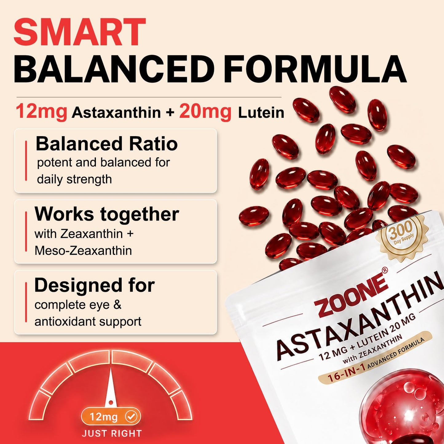 Zoone 16-in-1 Astaxanthin 12mg Antioxidant Supplements Softgels 300