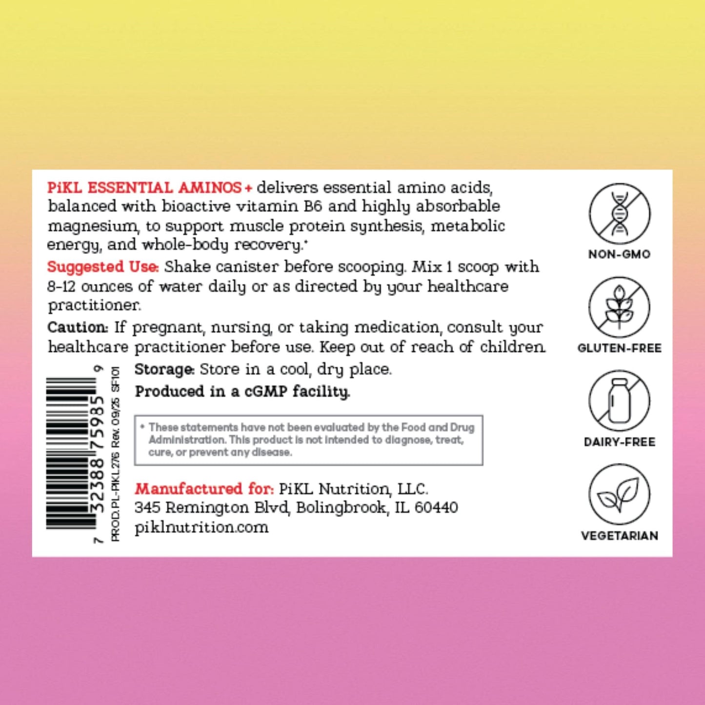 PiKL Nutrition, LLC Essential Aminos BCAA + EAA Powder Berry Lemonade Flavor, 7.95 oz