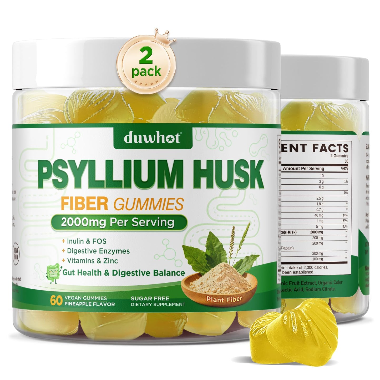 duwhot Psyllium Husk Gummies 2000mg Psyllium Husk Fiber Supplement with Acacia Fiber, Inulin & FOS, Digestive Enzymes for Gut Health & Regularity, Vegan, Organic, Sugar Free Pineapple, 120 Chews