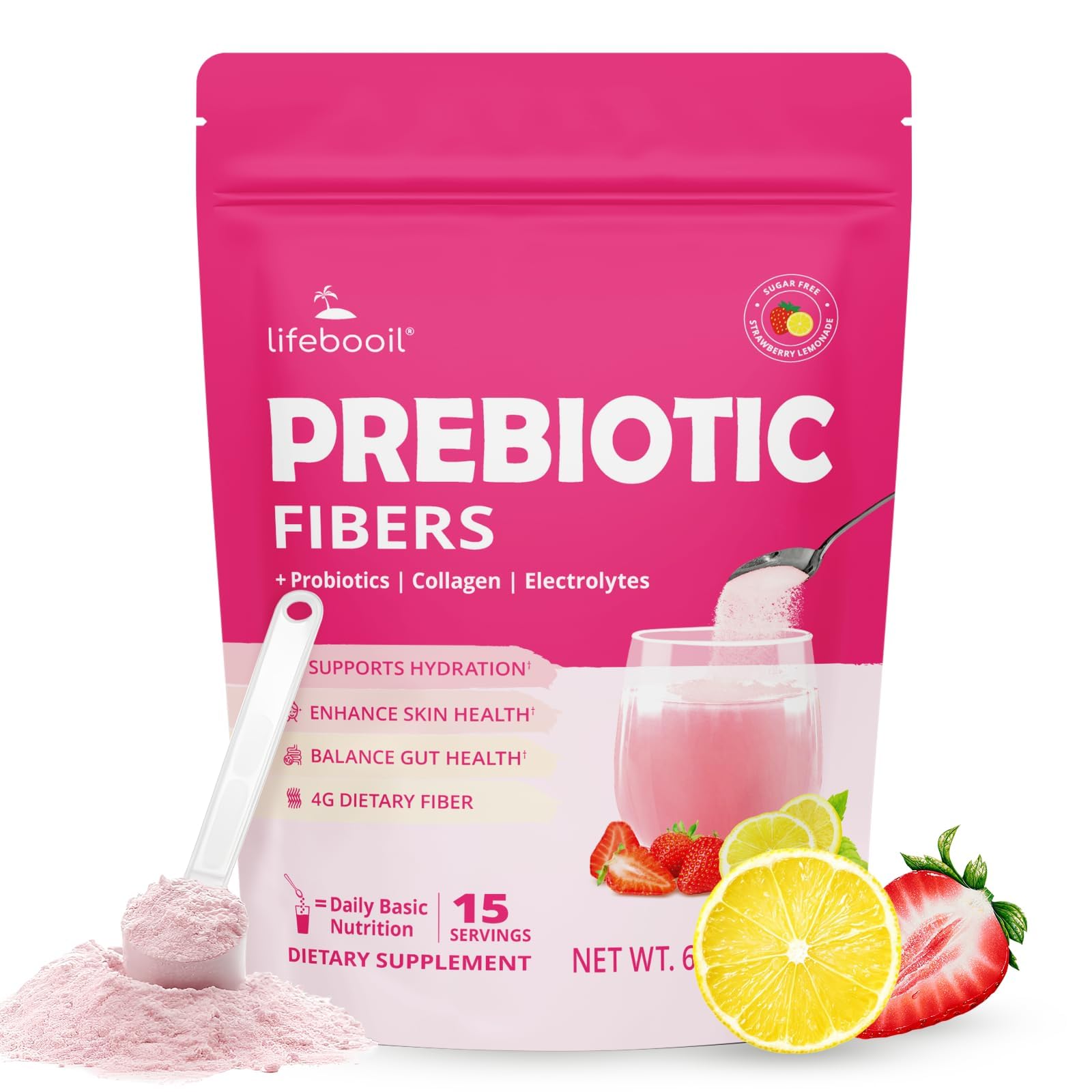 Lifebooil Daily Fiber Supplement Powder for Women & Men with Probiotics, Collagen & Electrolytes, Supports Digestive & Gut Health, Bloating Relief, 6.35 oz