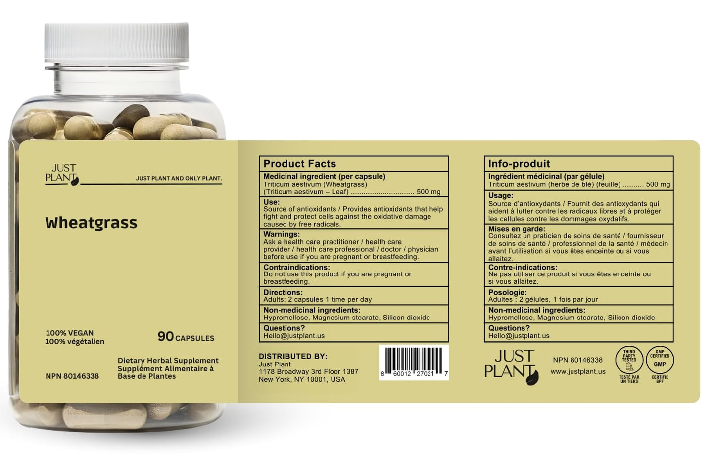 Just Plant Organic Wheat Grass Capsules 500 mg, 90 Count
