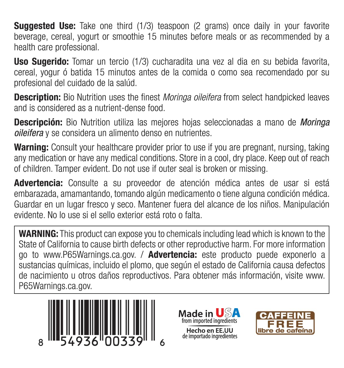 Bio Nutrition Organic Moringa Leaf Powder 300