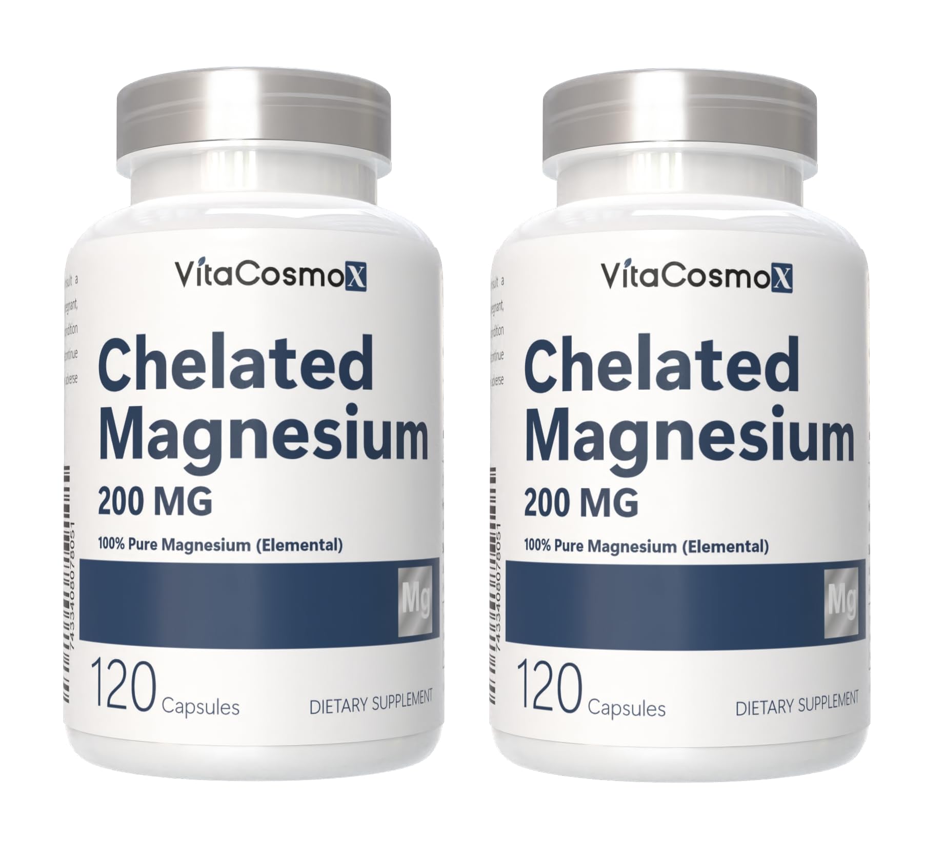 VitaCosmoX Chelated Magnesium Bisglycinate 200mg Capsules, 120 Count