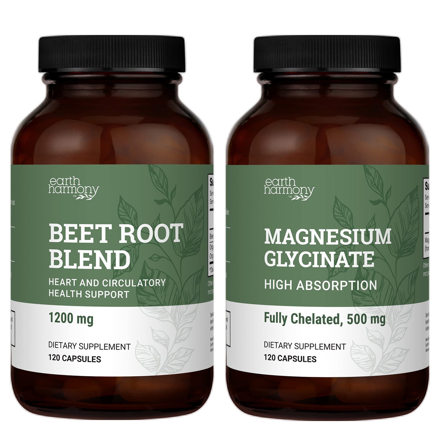 Earth Harmony Naturals Magnesium Glycinate 500 mg & Beet Root Powder Capsules, 120 Capsules Each, 2-Pack
