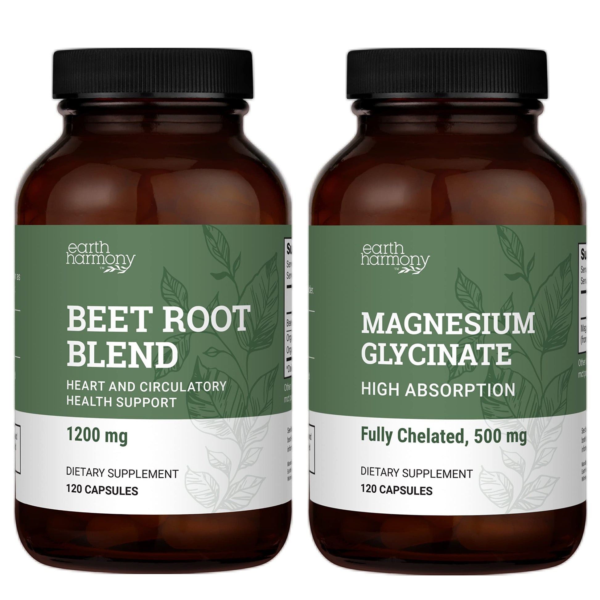 Earth Harmony Naturals Magnesium Glycinate 500 mg & Beet Root Powder Capsules, 120 Capsules Each, 2-Pack