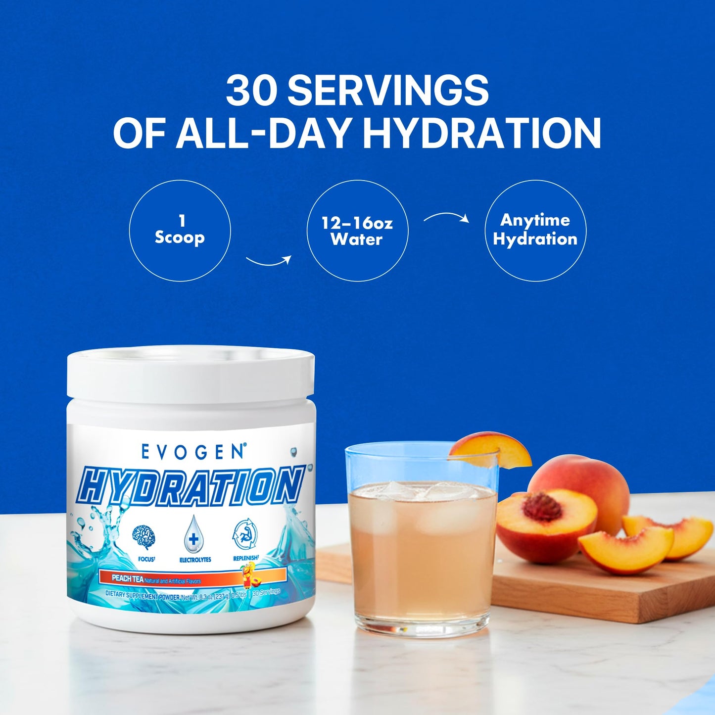 Evogen Hydration Sugar-Free Electrolytes Powder Peach Tea 8.3