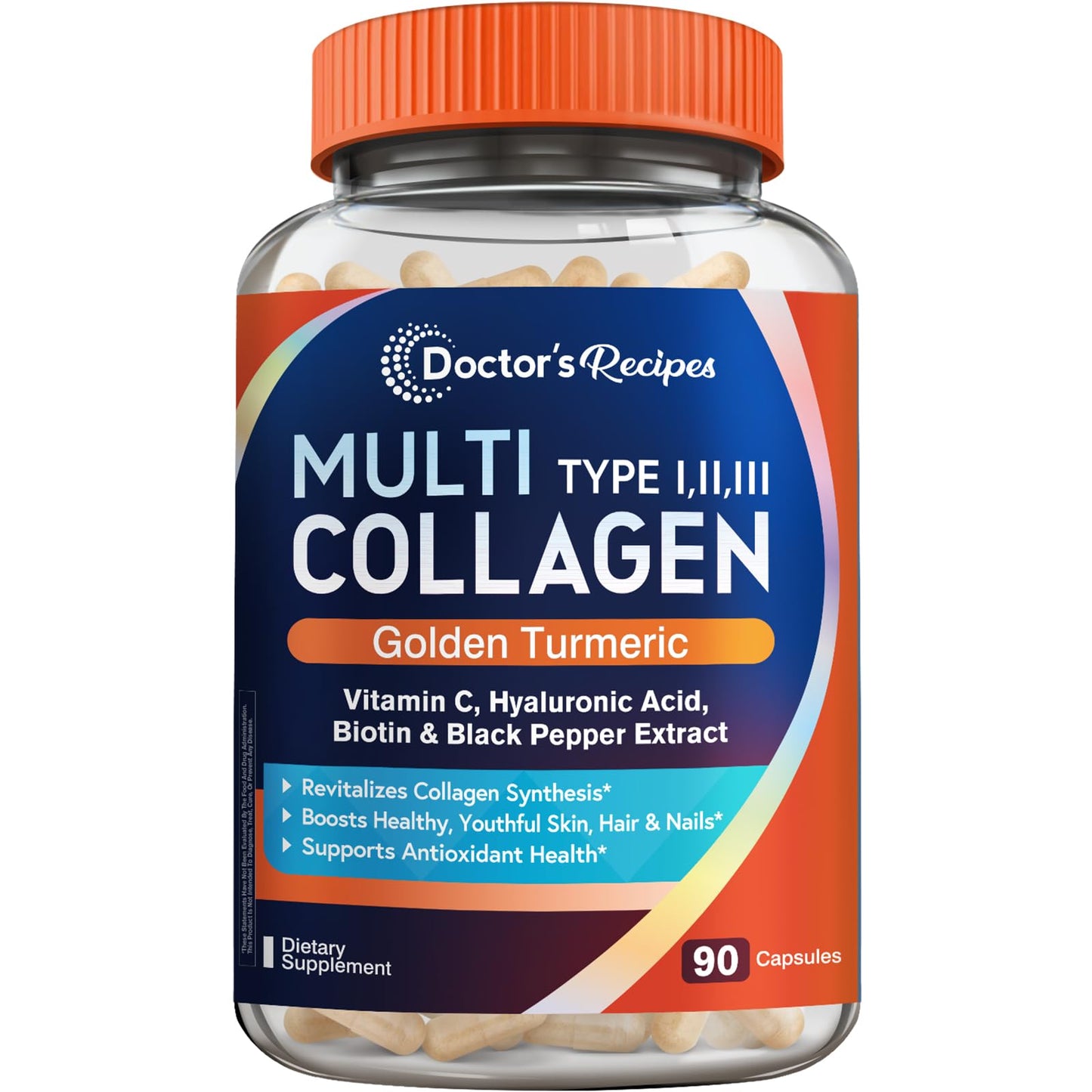 Doctor's Recipes Multi Collagen Peptides with Golden Turmeric, Vitamin C, Biotin, Hyaluronic Acid & Black Pepper, Collagen Supplements for Skin, Hair, Nails, Women and Men, 90 Capsules