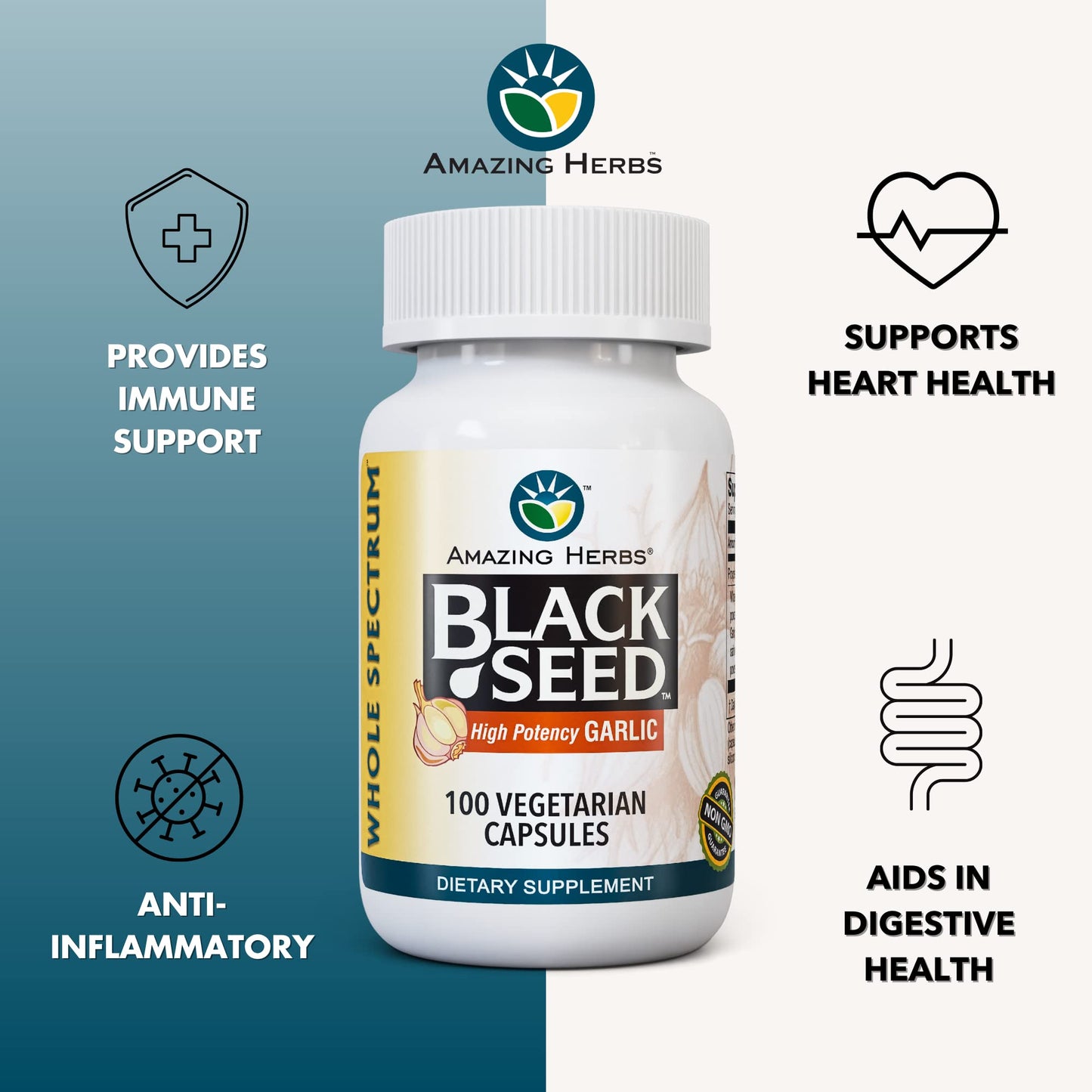 Amazing Herbs Whole Spectrum Black Seed & High Potency Garlic Capsules 100 Count