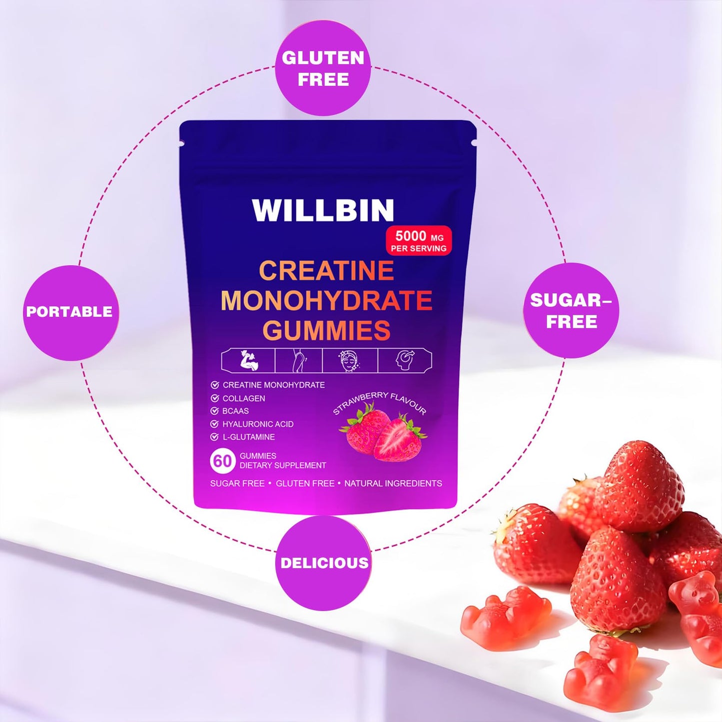 Willbin Creatine Monohydrate Gummies Strawberry Flavor 6.35 oz