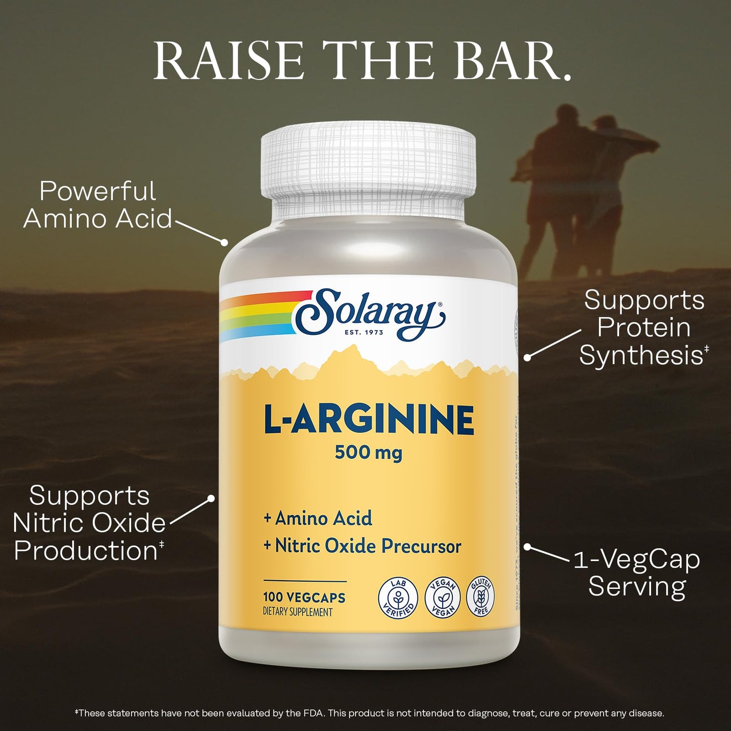 SOLARAY L-Arginine 500 mg Nitric Oxide Supplement, Endurance, Energy, Heart Health Support, Capsules, 100 VegCaps