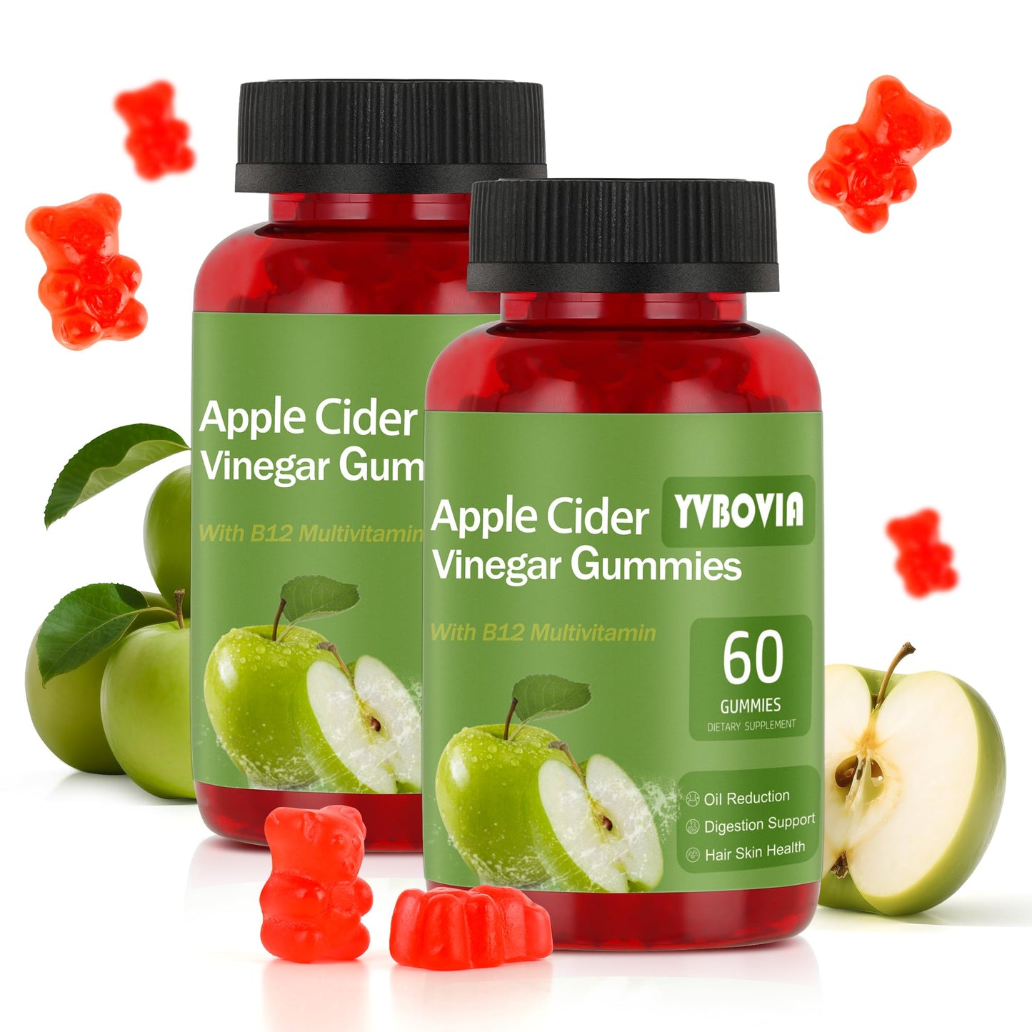 Yvbovia Apple Cider Vinegar Gummies with B12, Gluten Free, Vegan, Non-GMO, 120 Gummies