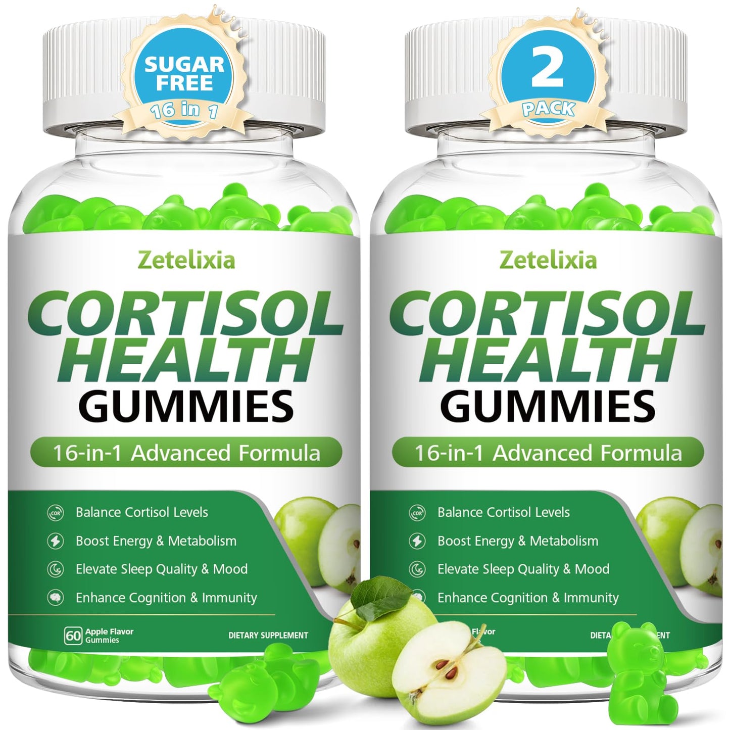 Zetelixia Cortisol Gummies for Women, 16-in-1 Cortisol Support, Apple Flavor, 120 Gummies