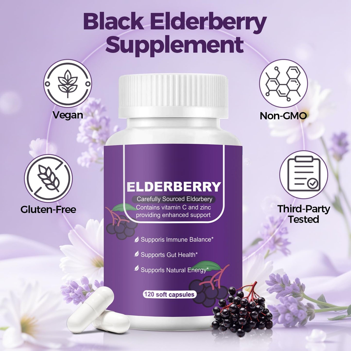 Nakiny Black Elderberry Immune & Gut Support Complex - 2-in-1 Daily Defense with Zinc, Vitamin C, D3 & Echinacea Softgels, 120 Count