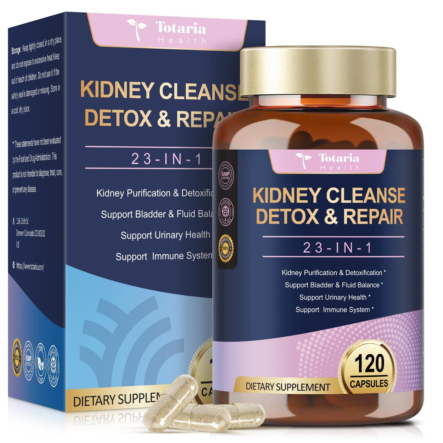 Totaria Kidney Cleanse Detox & Repair, Advanced Kidney Support Supplement - Cranberry & Chanca Piedra Capsules, 120 Count