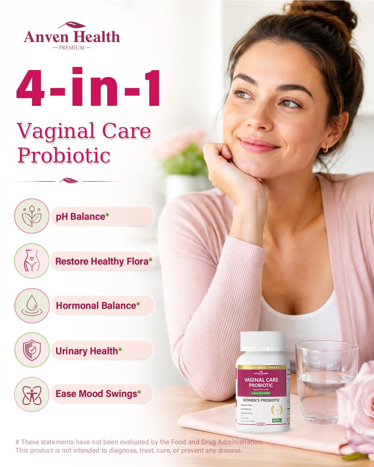 Anven Health Vaginal Probiotics for Women - pH Balance & Healthy Odor Support with Lactobacillus, Prebiotics & Cranberry - 60 Billion for Feminine Flora, Daily Wellness & Hormonal Balance, 180 Capsules