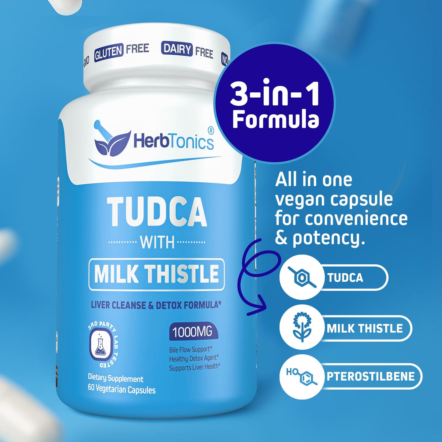 Herbtonics TUDCA 1000mg Liver Detox & Gallbladder Support – Milk Thistle & Pterostilbene Enhanced Bile Salt for Liver Cleanse, Healthy Bile Flow, and Digestive Health, 60 Vegan Capsules