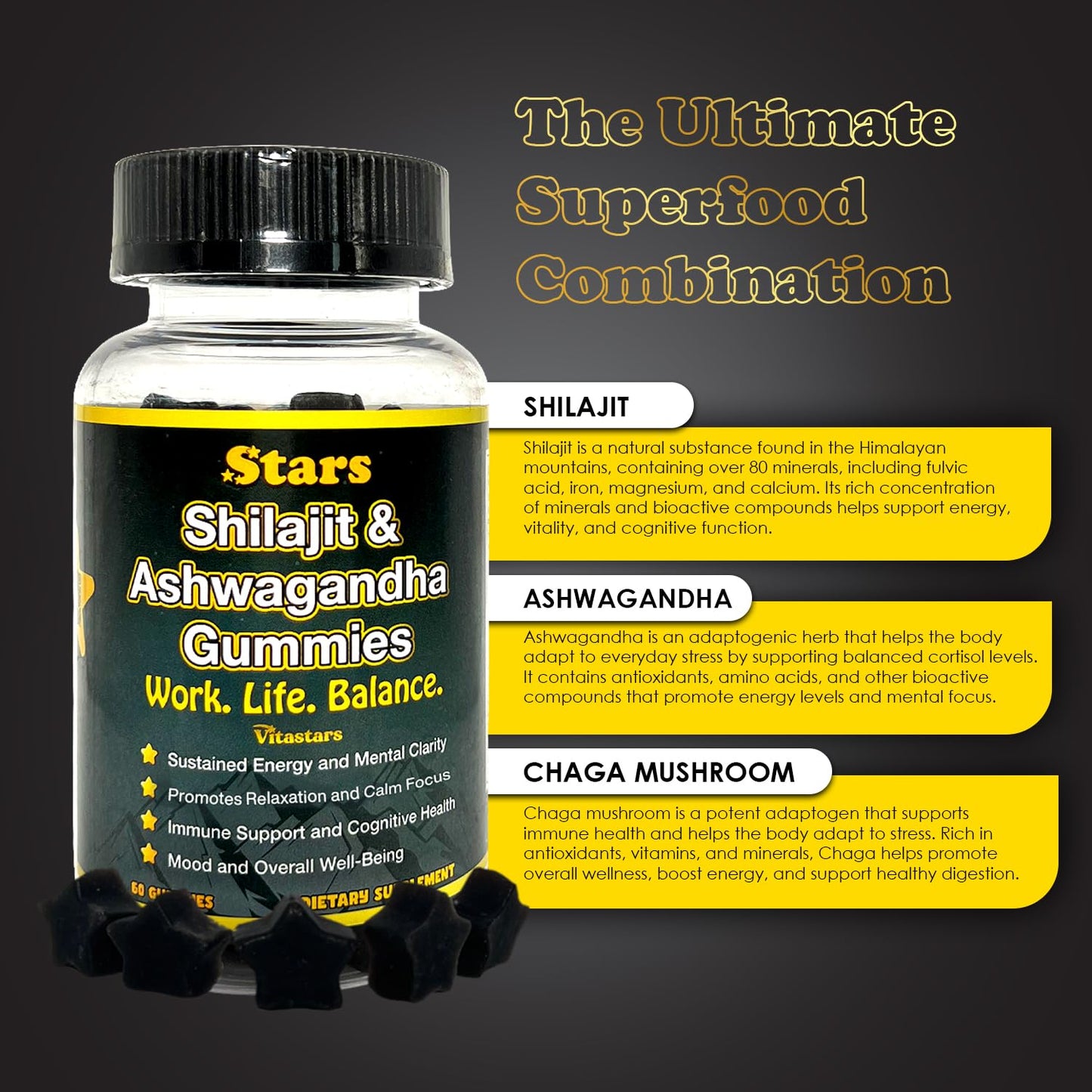 Vitastars Shilajit Ashwagandha Gummies, 60 Gummies