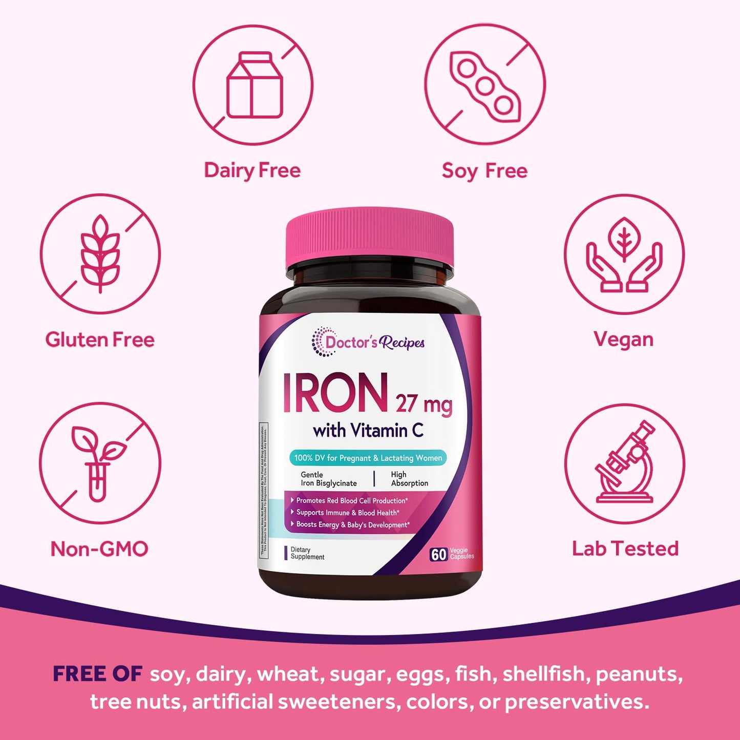 Doctor's Recipes Iron Supplement for Pregnant Women, Chelated Iron Bisglycinate, with Vitamin C for High Absorption, Gentle, Red Blood Cell Production Support, Capsules, 60