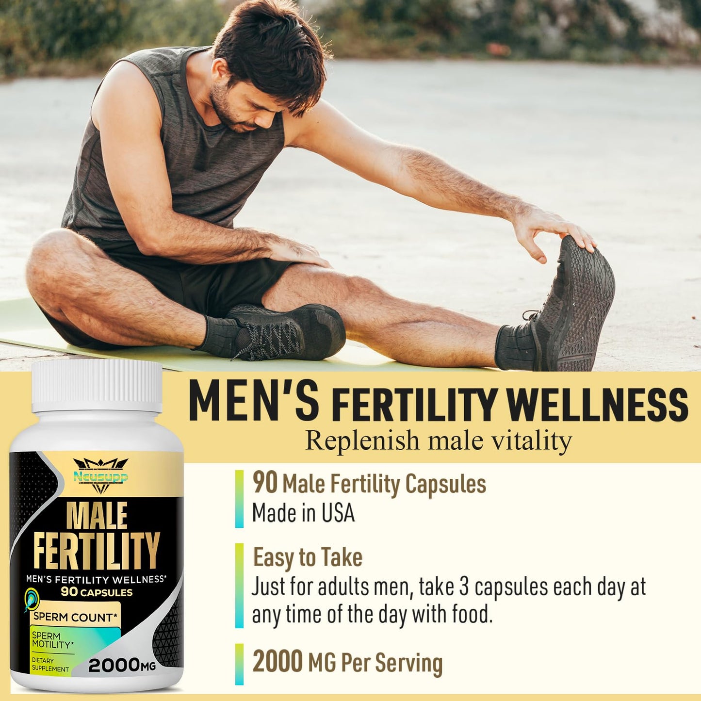 Neusupp Fertility Supplements for Men, Male Fertility Supplement - Optimal Sperm Count, Motility and Strength, 2000MG Mens Prenatal Vitamins with CoQ10 Maca Root, Zin, NAC &Folate for Conception, 90 Capsules